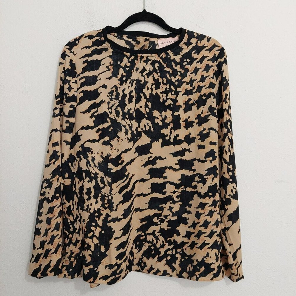 BLACK LABEL BY CHICO'S BLACK, KHAKI PRINTED CHIFFON-SIDE SNAP BLOUSE SIZE LARGE